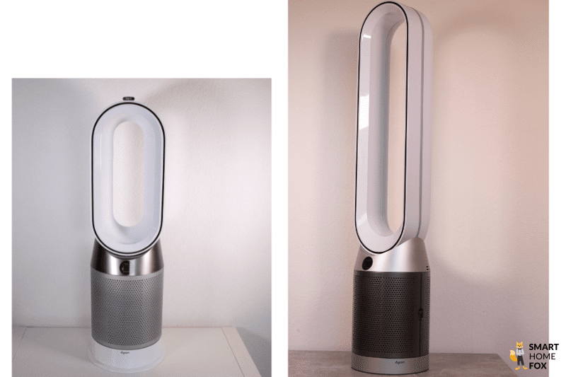 Der Dyson Purifier Hot+Cool HP07 Standventilator und Dyson Purifier Cool Autoreact Turmventilator stehen nebeneinander im Vergleich